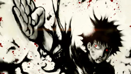 HD PC desktop wallpaper featuring Shigeo Kageyama from the anime Mob Psycho 100 with intense red eyes and dynamic black ink effects.