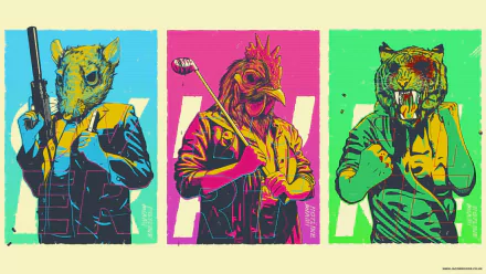 HD PC desktop wallpaper: video game Hotline Miami neon triptych of masked, armed figures (rat, rooster, tiger) in bold cyan, magenta and green panels.