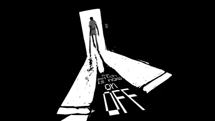 HD PC desktop wallpaper featuring The Batter (OFF) from Off (video game): high-contrast black-and-white silhouette in a doorway, long shadow stretching out to form the word OFF.
