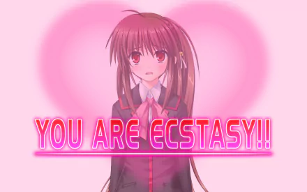 HD Anime desktop wallpaper featuring a Little Busters! character with red hair and eyes, set against a pink background with a heart and vibrant YOU ARE ECSTASY!! text.