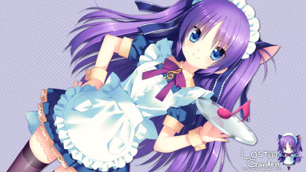 HD anime desktop wallpaper featuring a character from Little Busters! with long purple hair, a maid outfit, and cat ears, holding a tray with a dessert.