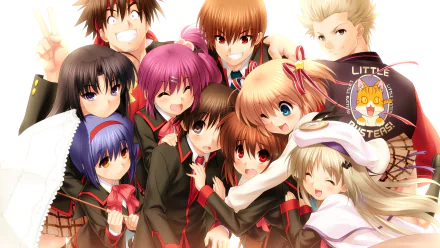 HD anime desktop wallpaper featuring the main cast of Little Busters! in school uniforms, smiling and posing closely together in a cheerful group scene.