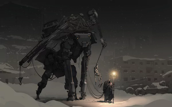 A lone figure stands in a snowy, post-apocalyptic landscape at night, accompanied by a massive robot. The scene is illuminated by a faint light, creating a striking sci-fi atmosphere.