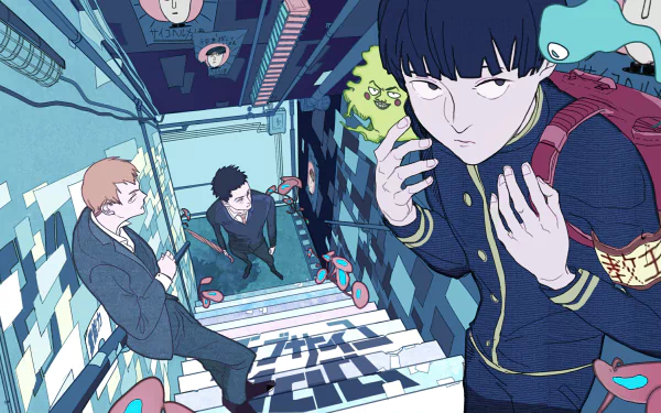 A vibrant HD wallpaper featuring Katsuya Serizawa, Shigeo Kageyama, and Arataka Reigen from the anime Mob Psycho 100, set against a dynamic stairway background.