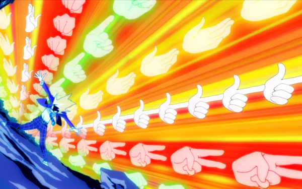 A vibrant HD wallpaper featuring Teruki Hanazawa from the anime Mob Psycho 100, showcasing dynamic hand gestures against a colorful backdrop of radiant energy.