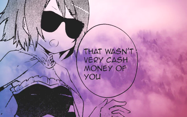 HD anime wallpaper featuring Sayaka Miki from Puella Magi Madoka Magica wearing sunglasses with the quote, That wasn't very cash money of you, on a purple-pink background.