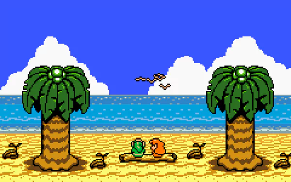 Pixel art of Marin and Link sitting on a beach between two palm trees, with the ocean and seagulls in the background from The Legend of Zelda: Link's Awakening.