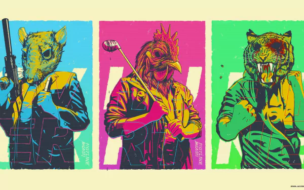 HD PC desktop wallpaper: video game Hotline Miami neon triptych of masked, armed figures (rat, rooster, tiger) in bold cyan, magenta and green panels.