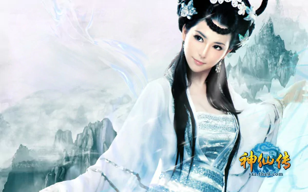 HD fantasy PC wallpaper featuring an Asian woman in elegant Jade Dynasty cosplay with intricate traditional attire and a misty mountain background.
