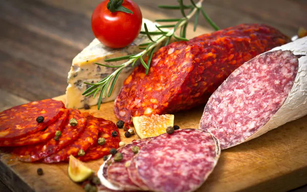 4K Ultra HD close-up of sliced salami and cured meats on a wooden board, garnished with rosemary, cherry tomato, cheese, and garlic.