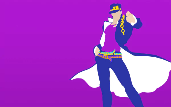 Minimalist HD PC desktop wallpaper featuring Jotaro Kujo from JoJo's Bizarre Adventure: Stardust Crusaders in his iconic hat and coat against a vibrant purple background.
