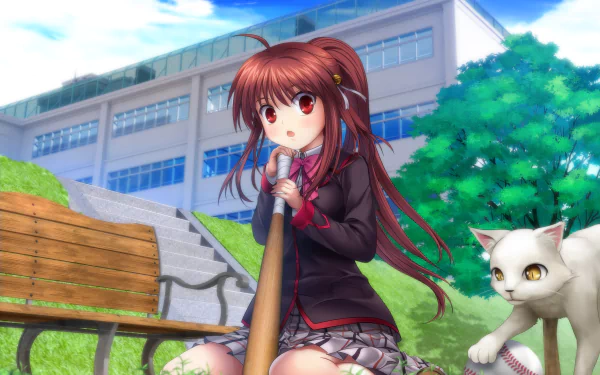 HD anime desktop wallpaper featuring a Little Busters! character with red hair holding a bat, seated near a bench and a white cat, set against a school backdrop.