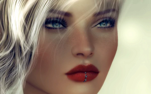Close-up artistic HD desktop wallpaper of a blonde woman with blue eyes, bold lipstick, and a distinctive facial piercing.