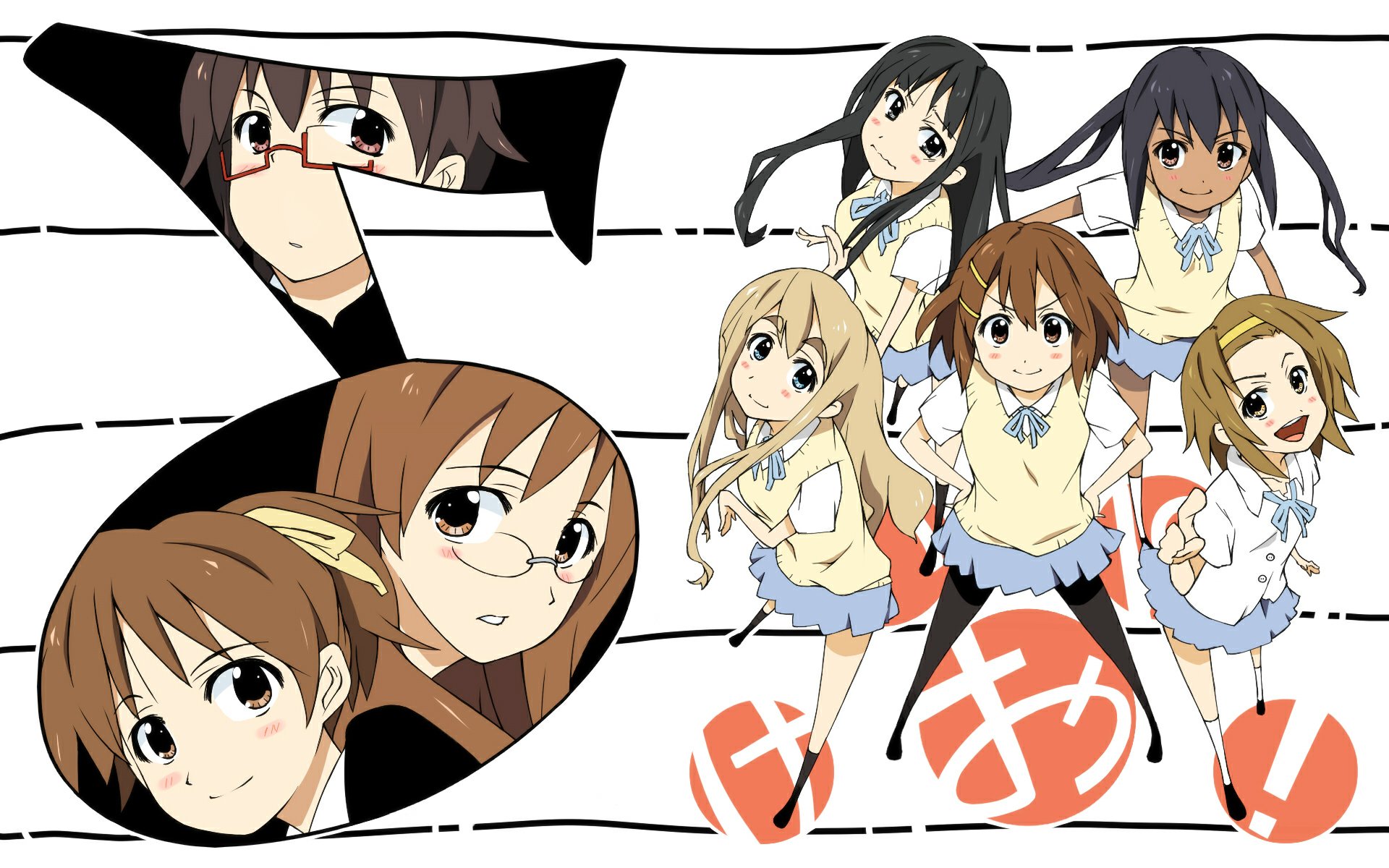 HD desktop wallpaper of K-ON! — Yui Hirasawa, Mio Akiyama, Ritsu Tainaka, Tsumugi Kotobuki, Azusa Nakano, Ui Hirasawa, Nodoka Manabe and Sawako Yamanaka in a cheerful school-uniform group pose.