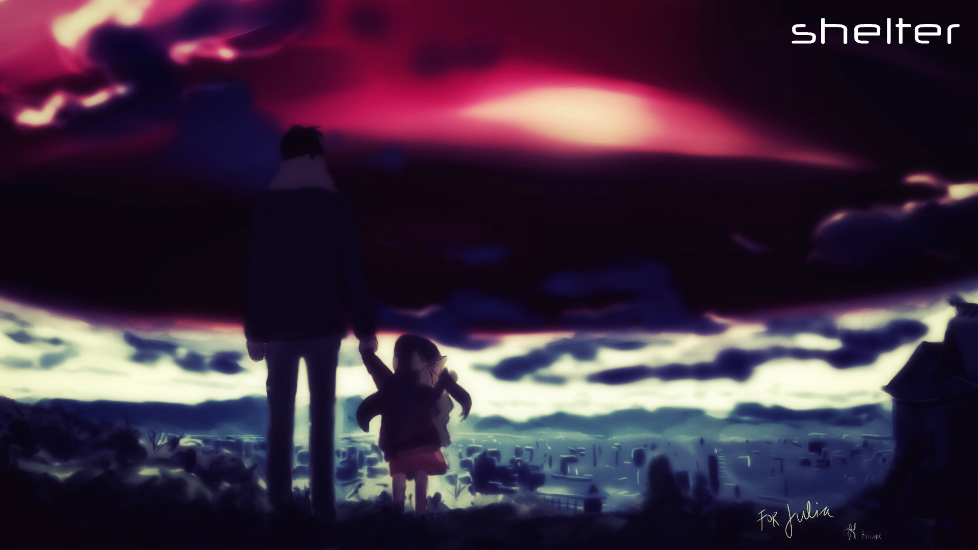 HD PC desktop wallpaper featuring Rin from the anime Shelter, standing with a young girl under a dramatic, colorful sky over a cityscape.