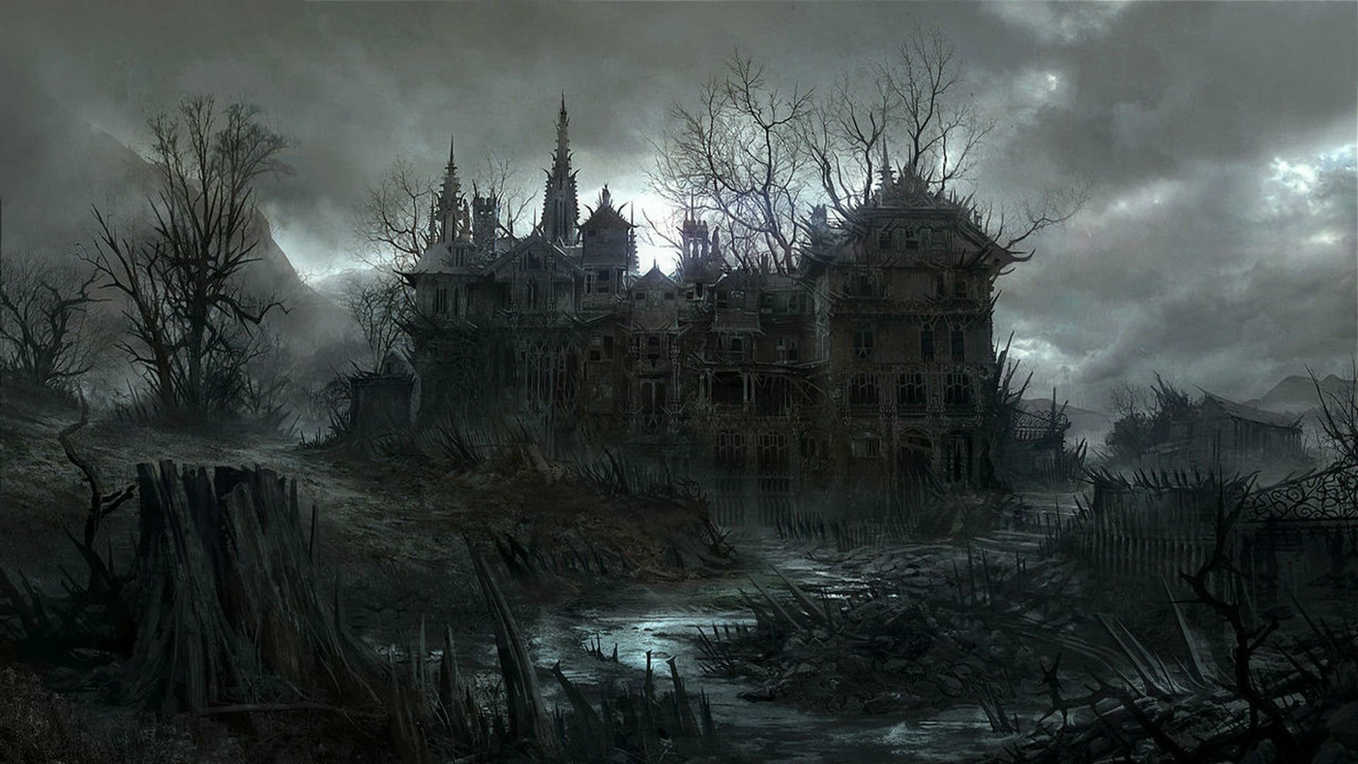 HD desktop wallpaper depicting a dark, eerie house surrounded by leafless trees and a gloomy, stormy sky.