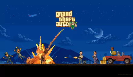 Pixel art depiction of Grand Theft Auto V characters Trevor Philips, Franklin Clinton, and Michael De Santa with explosions and a night sky backdrop, featured as a HD desktop wallpaper.