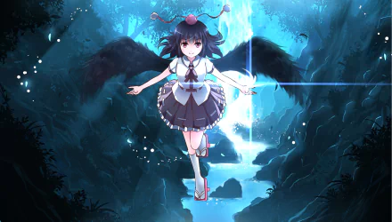 HD anime desktop wallpaper featuring Aya Shameimaru from Touhou, depicted with black wings floating in a mystical blue forest illuminated by ethereal light.