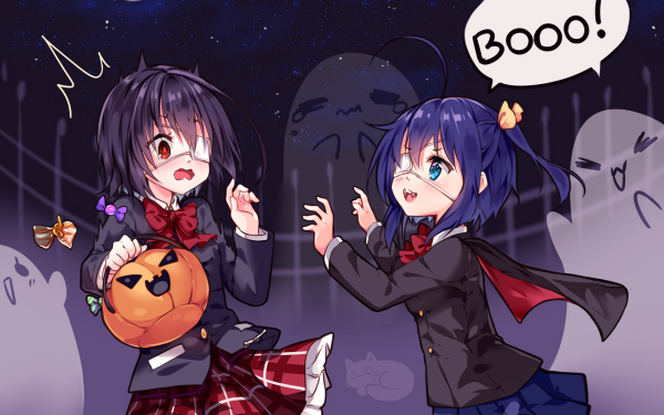 Anime Crossover Rikka Takanashi Mei Misaki Another Chūnibyō Demo Koi ga Shitai! Halloween Ghost Vampire Cat HD Wallpaper | Background Image