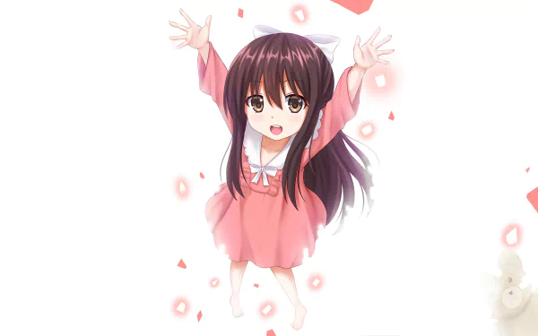 A vibrant HD wallpaper featuring Rin from the anime Shelter, depicted with outstretched arms and a joyful expression, surrounded by a flurry of pink petals.