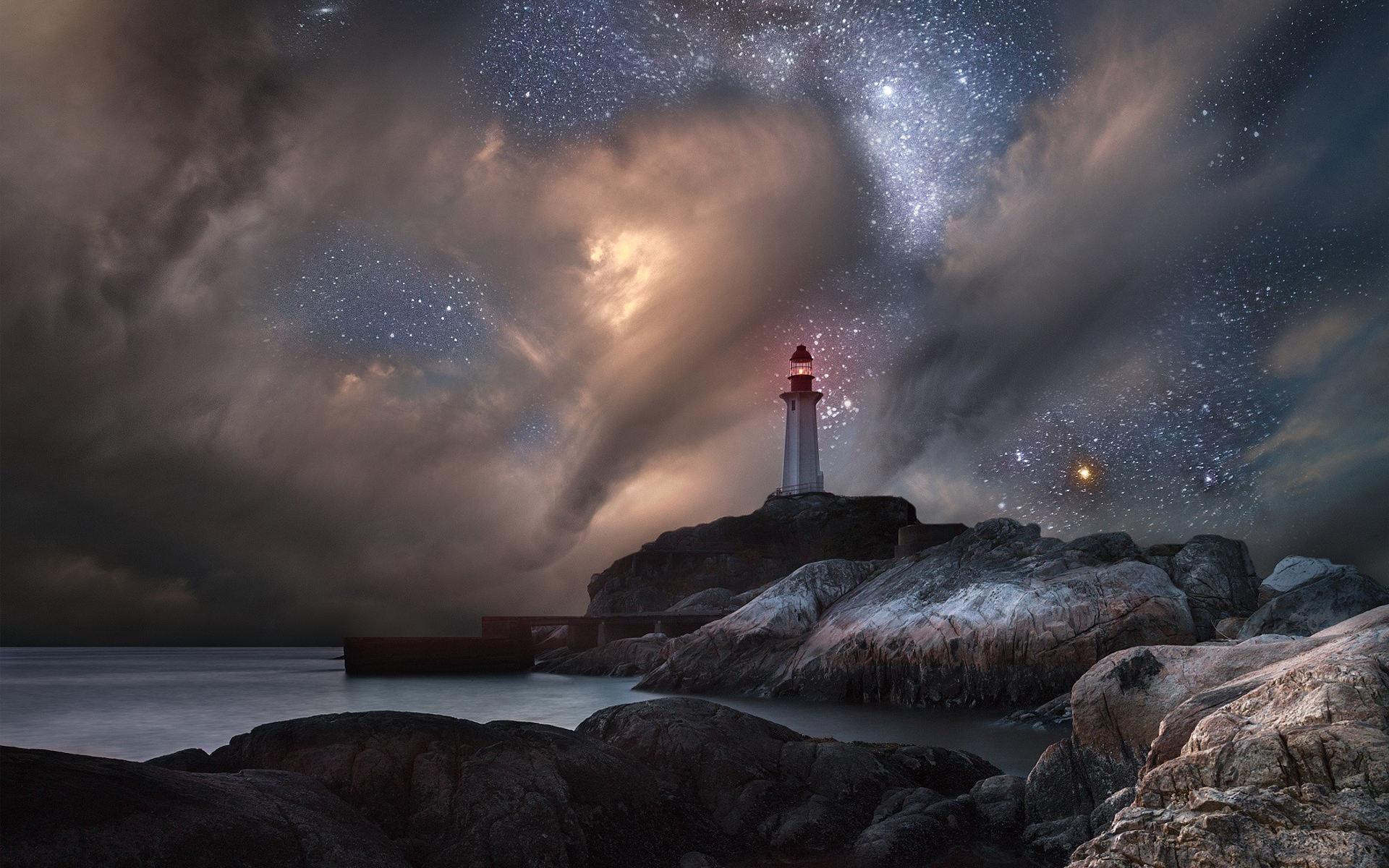 Download Building Starry Sky Night Sky Sea Ocean Man Made Lighthouse HD