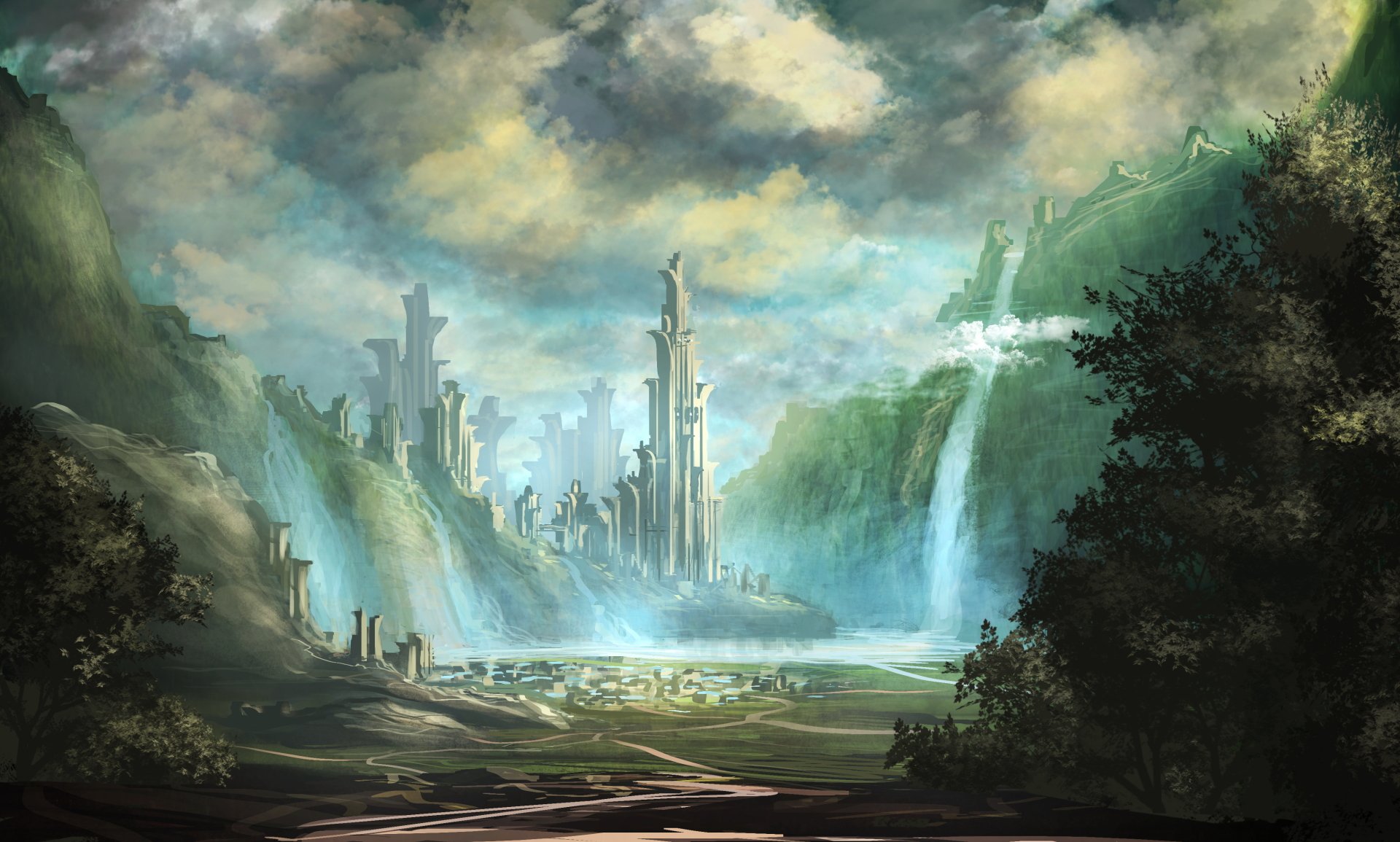 A 4K Ultra HD fantasy landscape featuring cascading waterfalls surrounding a mystical city under a dramatic cloudy sky.