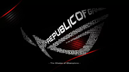 HD PC desktop wallpaper featuring the Republic of Gamers logo formed by technology-related words, showcasing the Asus ROG brand in a sleek black and red design.