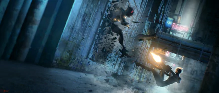 A cyberpunk woman warrior cyborg engaged in a dynamic fight, wielding a weapon in a futuristic urban setting, captured in stunning 4K Ultra HD detail.