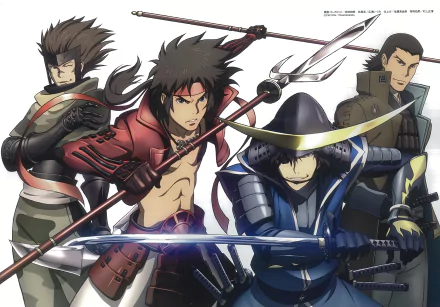 HD PC desktop wallpaper: Anime Sengoku Basara — four samurai warriors in dynamic battle poses wielding spears and swords, bold colors and sharp lines against a clean background.