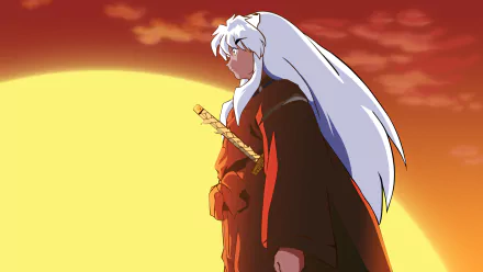 InuYasha, the iconic anime character, stands against a vibrant sunset, his signature long white hair flowing as he holds a sword, creating a striking HD desktop wallpaper.