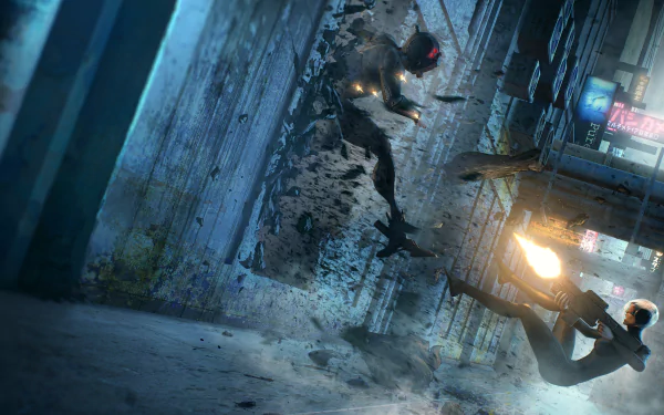 A cyberpunk woman warrior cyborg engaged in a dynamic fight, wielding a weapon in a futuristic urban setting, captured in stunning 4K Ultra HD detail.