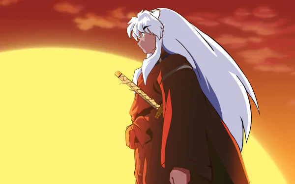 InuYasha, the iconic anime character, stands against a vibrant sunset, his signature long white hair flowing as he holds a sword, creating a striking HD desktop wallpaper.