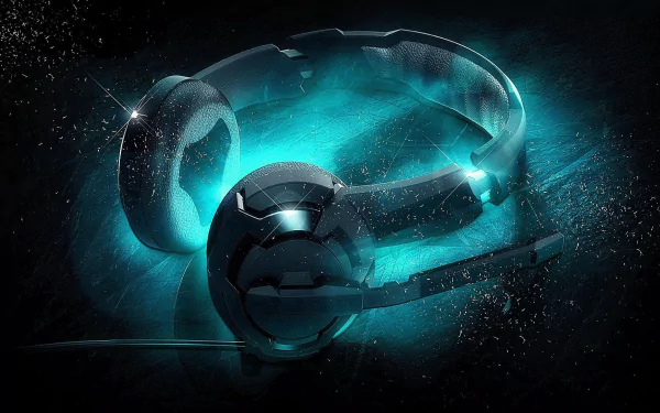 A blue Roccat gaming headset with a microphone, glowing against a dark, tech-inspired background, featured as an HD PC desktop wallpaper.