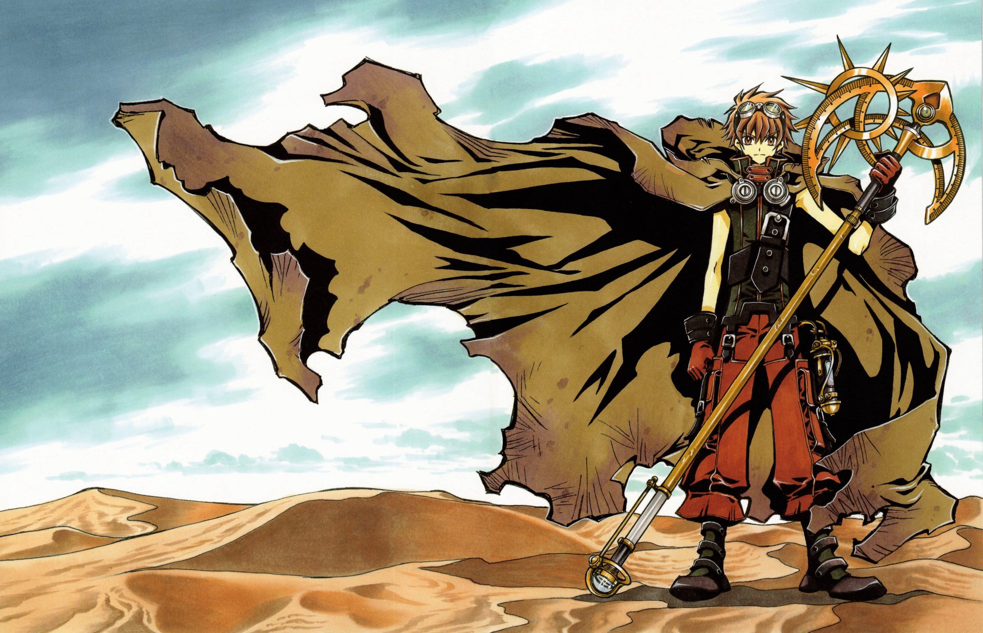 Anime-style 4K Ultra HD desktop wallpaper featuring a character from Tsubasa: Reservoir Chronicle standing in a desert with a flowing cloak and ornate staff.