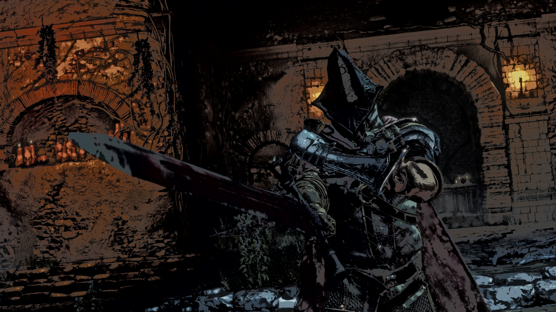 HD PC desktop wallpaper featuring Abyss Watchers from Dark Souls III, set in a dark, medieval environment with detailed armor and weaponry.