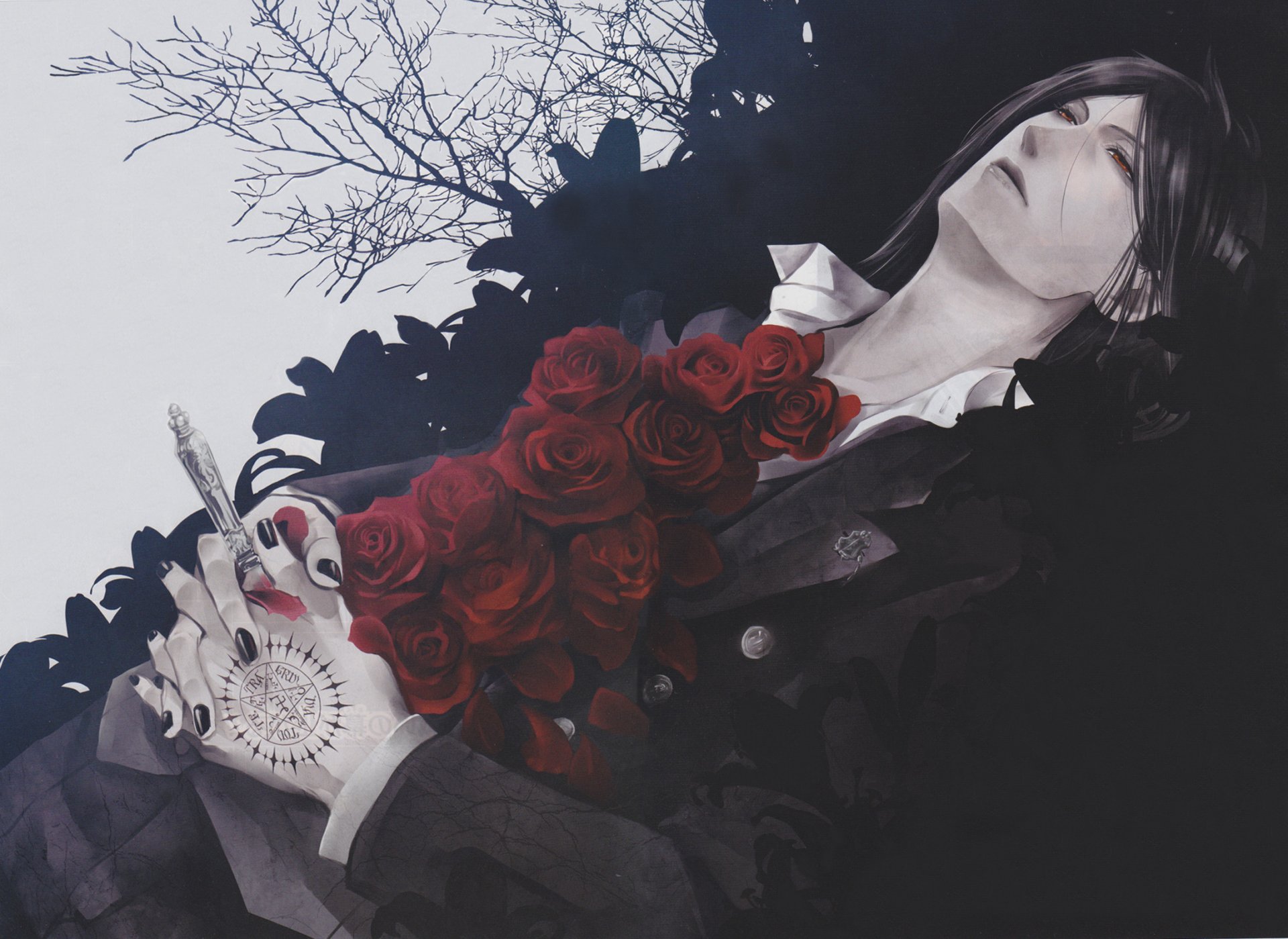 HD anime desktop wallpaper featuring a Black Butler character holding red roses with dark, moody background and leafless branches.
