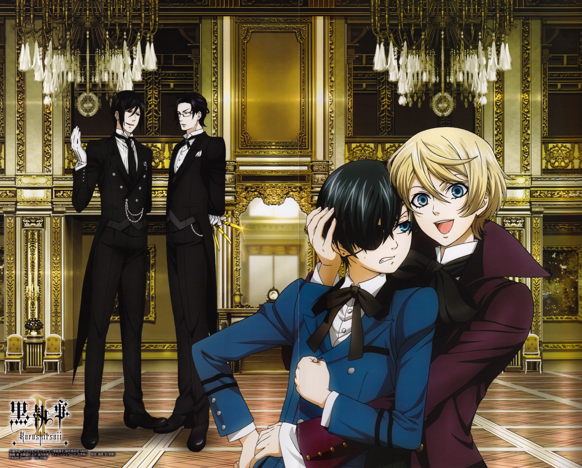 4K Ultra HD Anime wallpaper featuring characters from Black Butler in an ornate, golden Victorian-style room, showcasing elegant attire and dynamic poses.