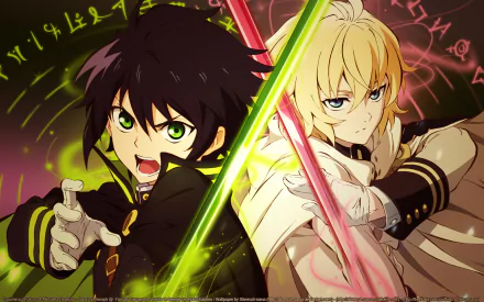 HD desktop wallpaper featuring characters from the anime Seraph of the End, showcasing an action-packed scene with vibrant green and pink energy swords.