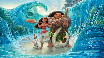 HD desktop wallpaper featuring Moana Waialiki and Maui from the movie Moana, standing strong with vibrant ocean waves forming around them.