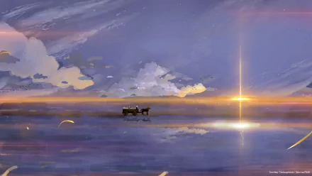 Anime HD desktop wallpaper featuring Kraft Lawrence and Holo from Spice & Wolf, set against a serene reflective water scene with a glowing horizon.