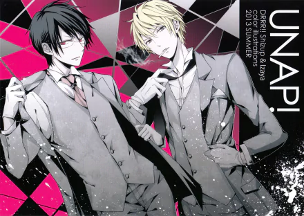 Durarara!! anime 2K Quad HD PC desktop wallpaper: two suited male characters—dark-haired and blond—pose against a bold pink, black and white geometric background.