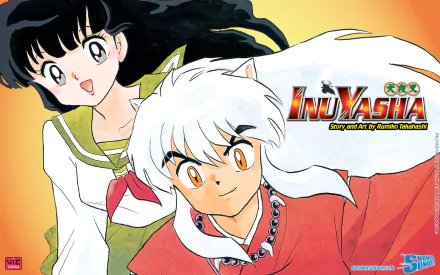 InuYasha and Kagome from the anime InuYasha feature prominently in this vibrant HD desktop wallpaper, showcasing their adventurous spirit against a colorful backdrop.
