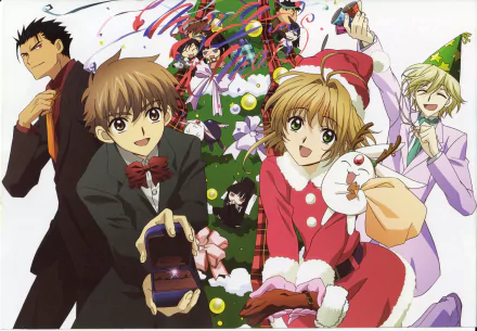 4K Ultra HD PC desktop wallpaper of Tsubasa: Reservoir Chronicle — anime characters in festive outfits gathered before a decorated Christmas tree, surrounded by confetti and gifts.