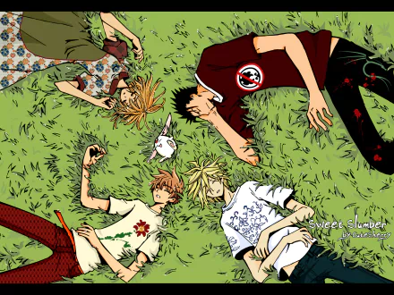 HD PC desktop wallpaper of Tsubasa: Reservoir Chronicle — four characters and a small white creature lying on grass in a relaxed summer meadow.