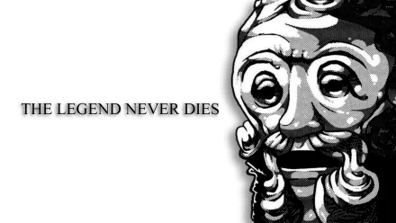 HD PC desktop wallpaper of Giantdad from the Dark Souls video game, black-and-white stylized close-up with THE LEGEND NEVER DIES caption.