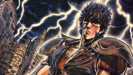 HD PC desktop wallpaper of Kenshiro from Fist of the North Star anime, featuring him standing powerfully with lightning and a ruined city in the background.