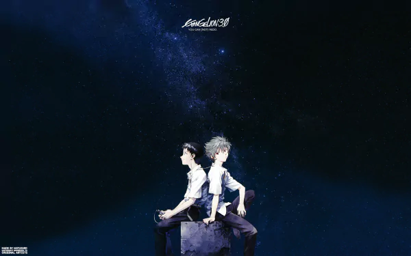 Evangelion: 3.0 anime 2K Quad HD PC desktop wallpaper showing two characters seated back-to-back on a floating block beneath a starry blue cosmos.