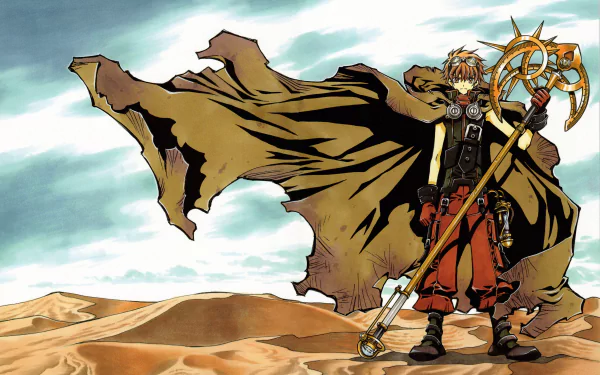 Anime-style 4K Ultra HD desktop wallpaper featuring a character from Tsubasa: Reservoir Chronicle standing in a desert with a flowing cloak and ornate staff.