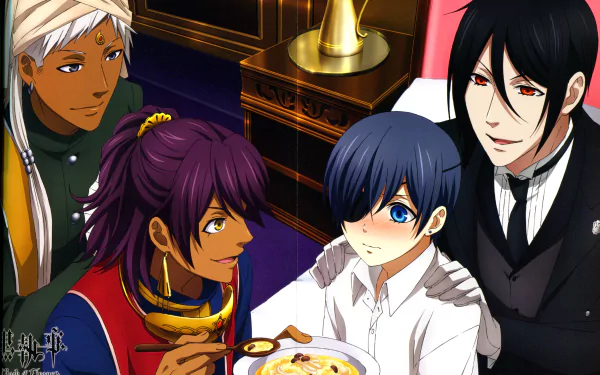 Anime-style Black Butler characters gathered indoors, rendered in stunning 8K Ultra HD, creating a vibrant and detailed PC desktop wallpaper and background.