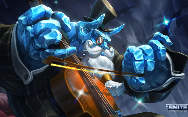 Ymir (Smite) playing a glowing violin in an icy cavern, Smite video game 4K Ultra HD PC desktop wallpaper and background.